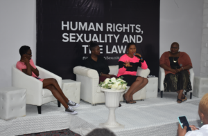 Panelists - Olutimehin Adegbeye, Eloghosa Osunde and Emmanuella David-Ette - discussing the Erasure and Underrepresentation of Women in the Queer Narrative. The discussion was moderated by Wana Udobang.